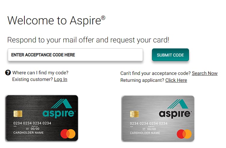 www AspireCreditCard com Acceptance Code