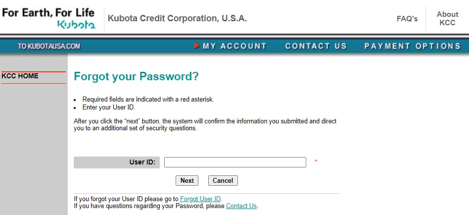 Reset Kubota Credit USA Login Password